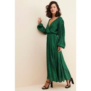 Megan Renee Green Leopard Print Maxi Dress Balloon Sleeve V-Neck XS